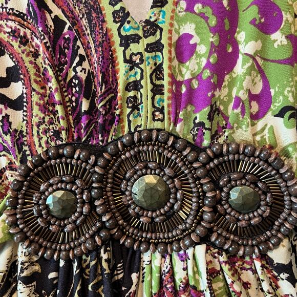 Y2K Boho Maxi Dress Size Empire Waist Beaded Accent Hippie Gypsy Floral Size LG - Picture 4 of 6